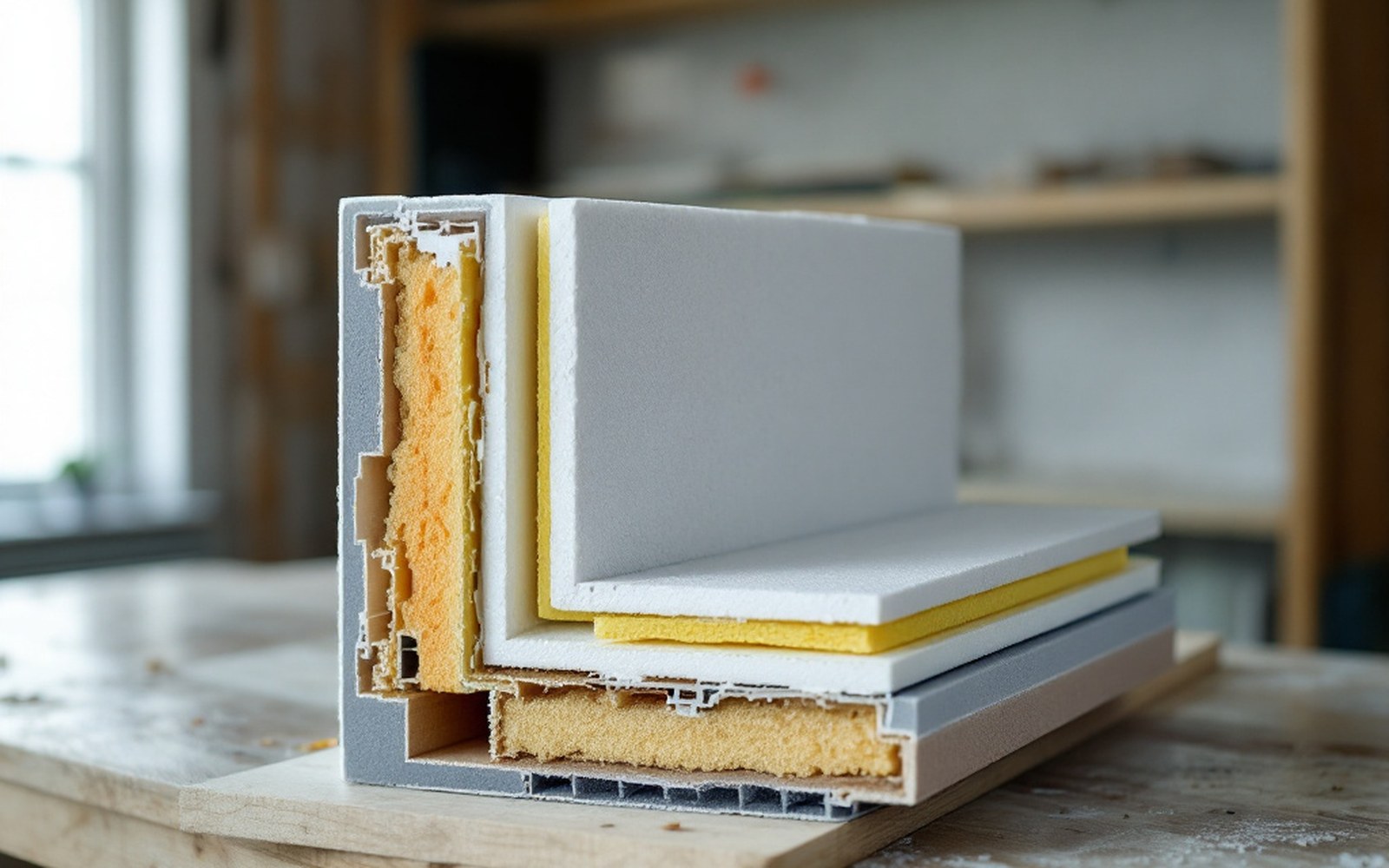 A wall build-up section sample on a bench with layers visible