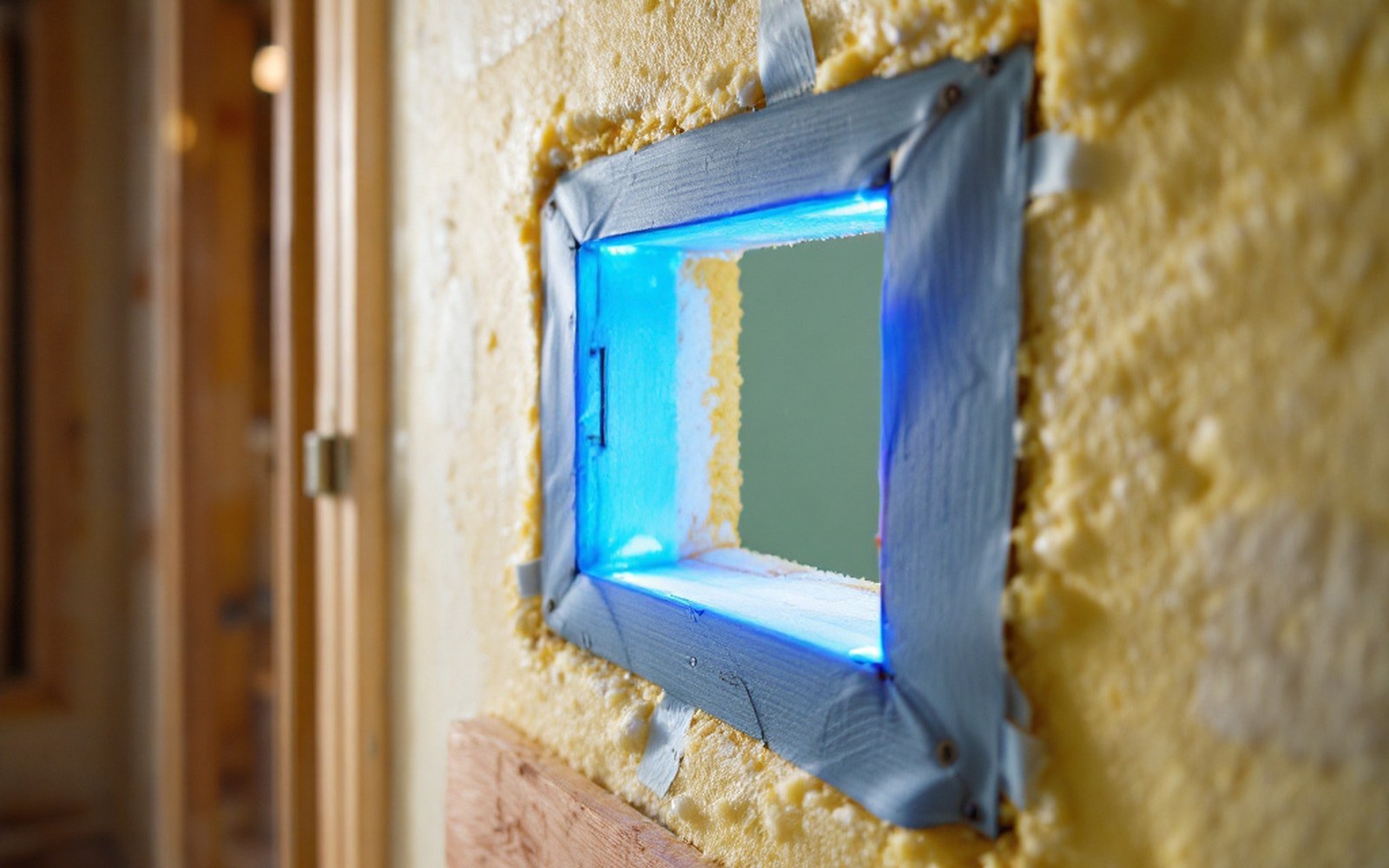 A service penetration through a wall sealed with foam and tape